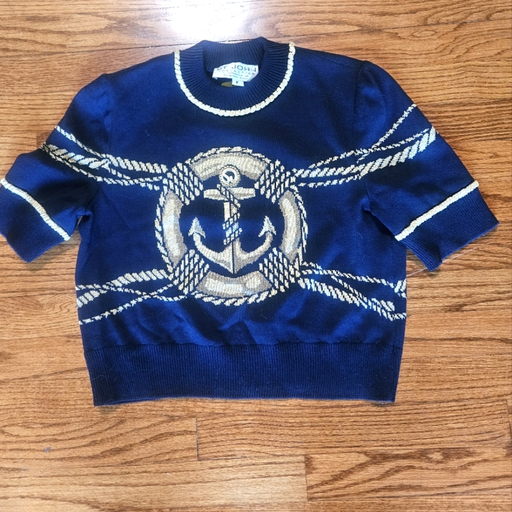 ST JOHN Navy Blue Nautical Short Sleeve Pullover Crop Sweater Sz P